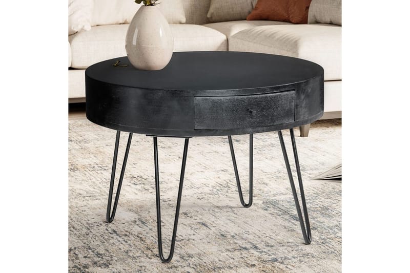 Soffbord Wohnling massivt trä 60 cm rund med låda, lantlig stil Svart - Svart - Möbler - Bord & matgrupper - Soffbord