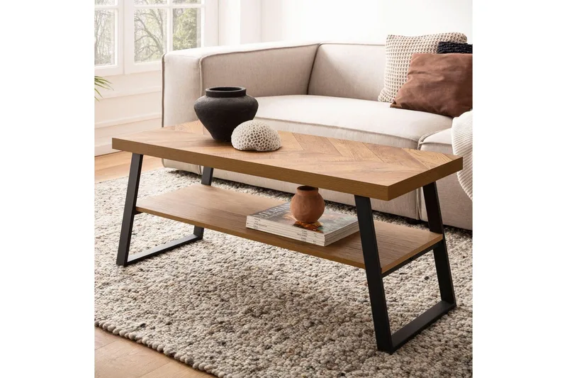 Soffbord Wohnling Massivt trä fiskbensmönster förvaringsutrymme 100 cm - Möbler - Bord & matgrupper - Soffbord