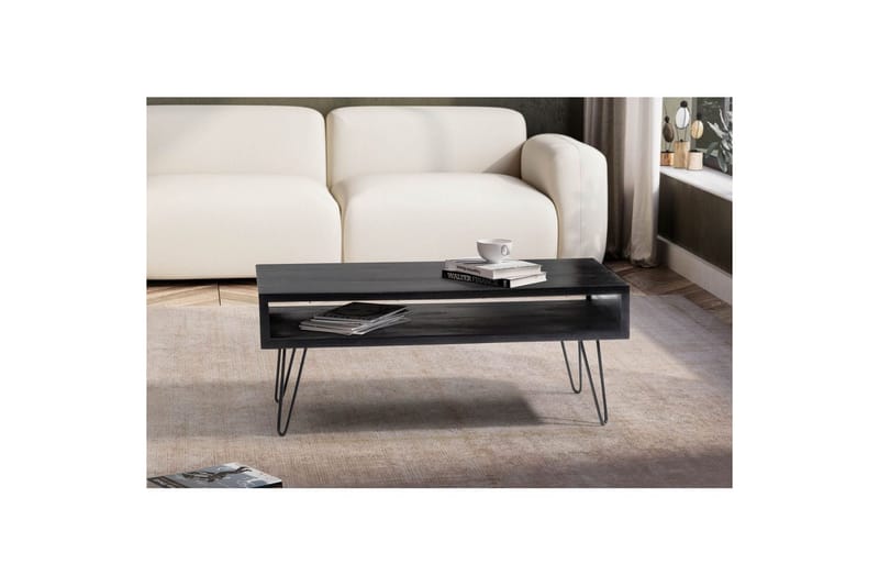 Soffbord Wohnling massivt trä rektangulär med stort förvaringsutrymme, lantlig stil Svart - Svart - Möbler - Bord & matgrupper - Soffbord