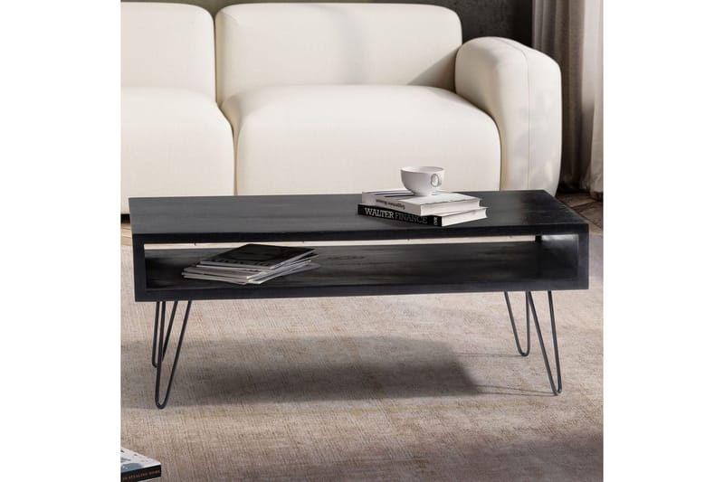 Soffbord Wohnling massivt trä rektangulär med stort förvaringsutrymme, lantlig stil Svart - Svart - Möbler - Bord & matgrupper - Soffbord
