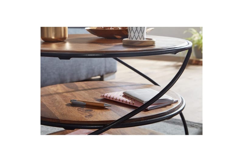 Soffbord Wohnling Massivt trä rund 58 cm med 2 brickor cirkel metallram - Möbler - Bord & matgrupper - Soffbord