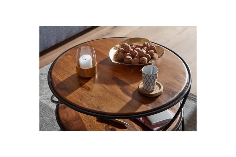 Soffbord Wohnling Massivt trä rund 58 cm med 2 brickor cirkel metallram - Möbler - Bord & matgrupper - Soffbord
