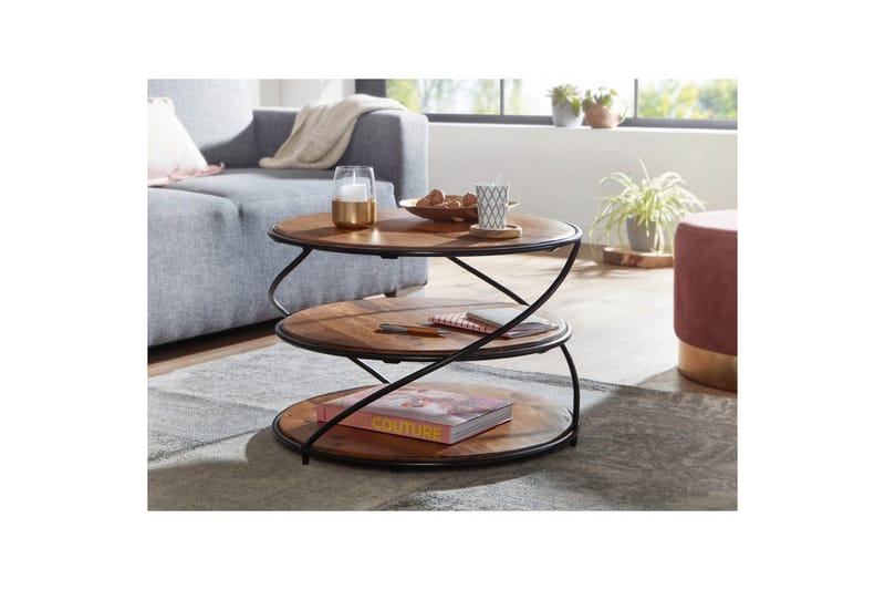 Soffbord Wohnling Massivt trä rund 58 cm med 2 brickor cirkel metallram - Möbler - Bord & matgrupper - Soffbord