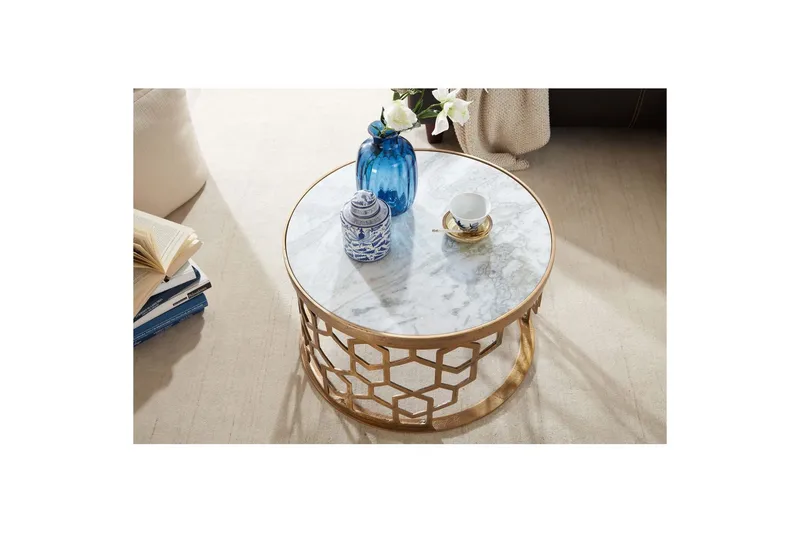 Soffbord Wohnling Rund indisk marmor bikupemönster metallram - Möbler - Bord & matgrupper - Soffbord