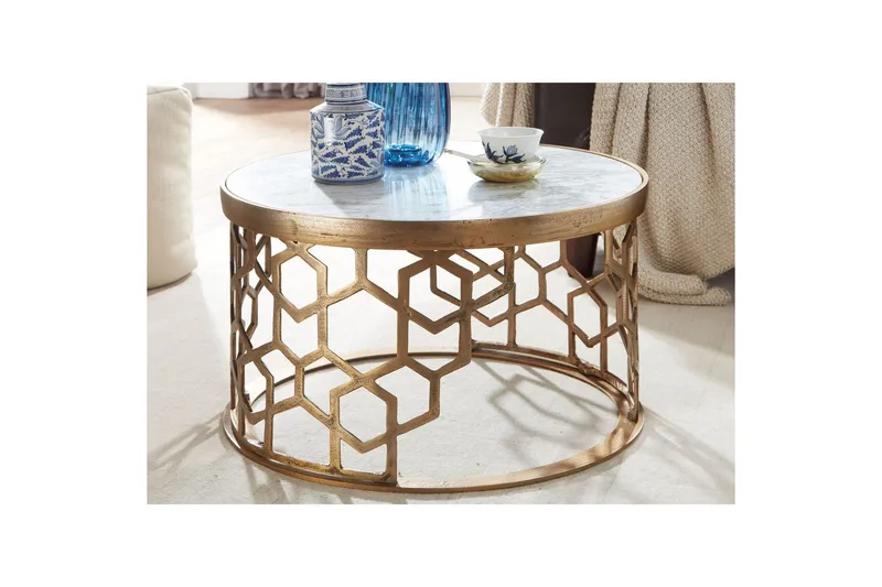 Soffbord Wohnling Rund indisk marmor bikupemönster metallram - Möbler - Bord & matgrupper - Soffbord