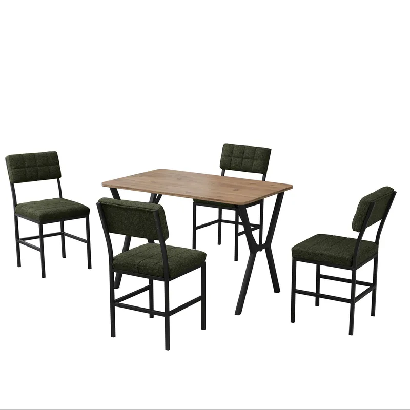 Stedum Matgrupp Bord 110 cm + 4 Stolar, Grön Och Valnöt