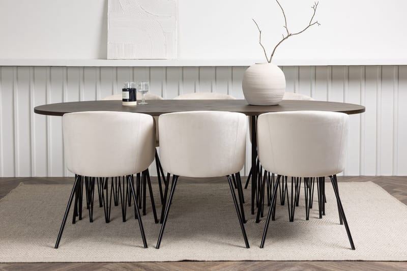 Stone Matbord 220x100x74 cm Oval med 6 Berit Karmstol Sammet med Armstöd