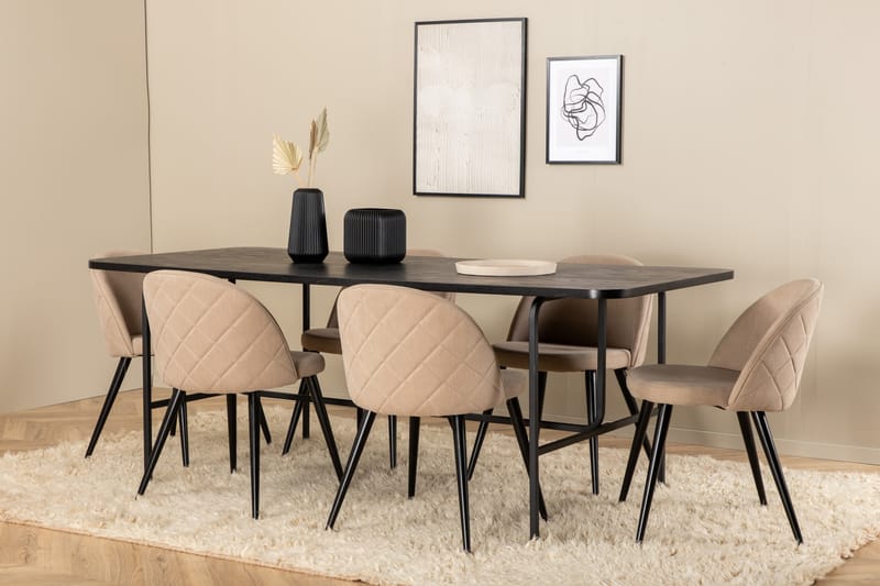 Uno Matgrupp 200 cm Rektangulär med 6 Velvet stolar - Beige - Möbler - Bord & matgrupper - Matgrupper