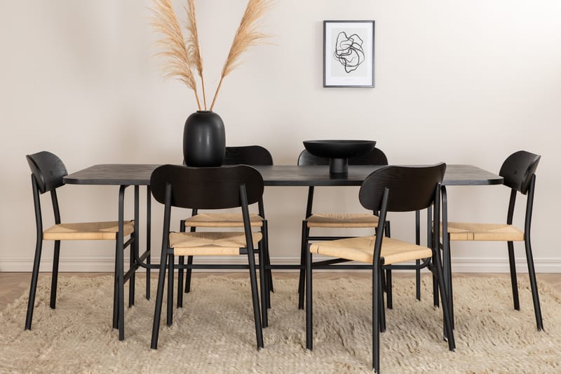 Unos Matgrupp 200 cm Rektangulär med 6 Polly stolar - Svart - Möbler - Bord & matgrupper - Matgrupper