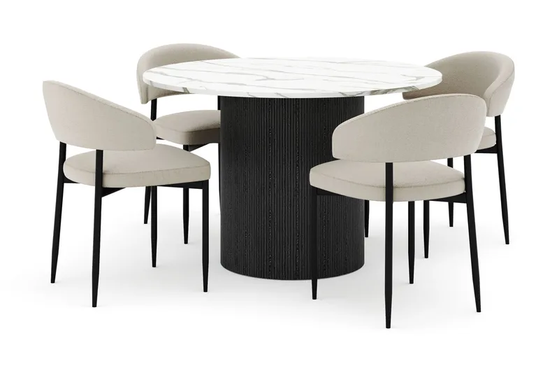 Uppveda Matbord 120 cm Rund med 4 Sawako Stolar, Svart/Vit