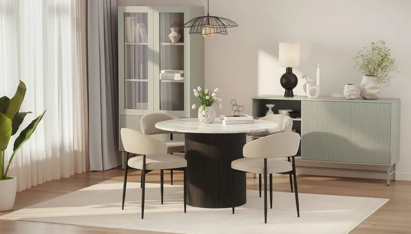 Uppveda Matbord 120 cm Rund med 4 Sawako Stolar - Svart/Vit - Möbler - Bord & matgrupper - Matgrupper