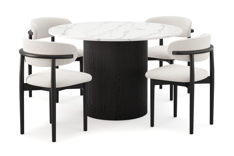 Uppveda Matbord 120 cm Rund med 4 st Jaiveer Matstolar, Svart/Vit