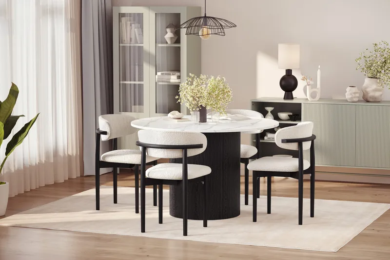 Uppveda Matbord 120 cm Rund med 4 st Jaiveer Matstolar - Svart/Vit - Möbler - Bord & matgrupper - Matgrupper