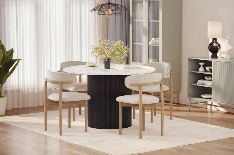 Uppveda Matbord 120 cm Rund med 4 st Jaiveer Matstolar - Svart/Vit - Möbler - Bord & matgrupper - Matgrupper