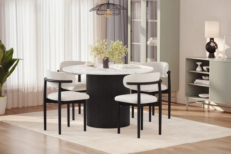 Uppveda Matbord 120 cm Rund med 4 st Jaiveer Matstolar - Svart/Vit - Möbler - Bord & matgrupper - Matgrupper
