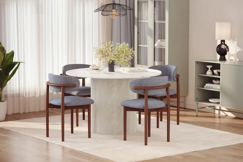 Uppveda Matbord 120 cm Rund med 4 st Jaiveer Matstolar - Vit - Möbler - Bord & matgrupper - Matgrupper