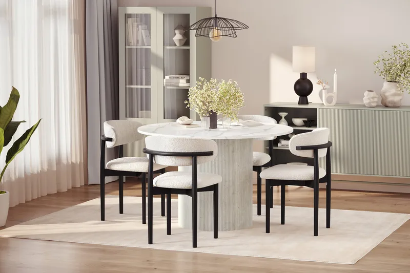 Uppveda Matbord 120 cm Rund med 4 st Jaiveer Matstolar - Vit - Möbler - Bord & matgrupper - Matgrupper