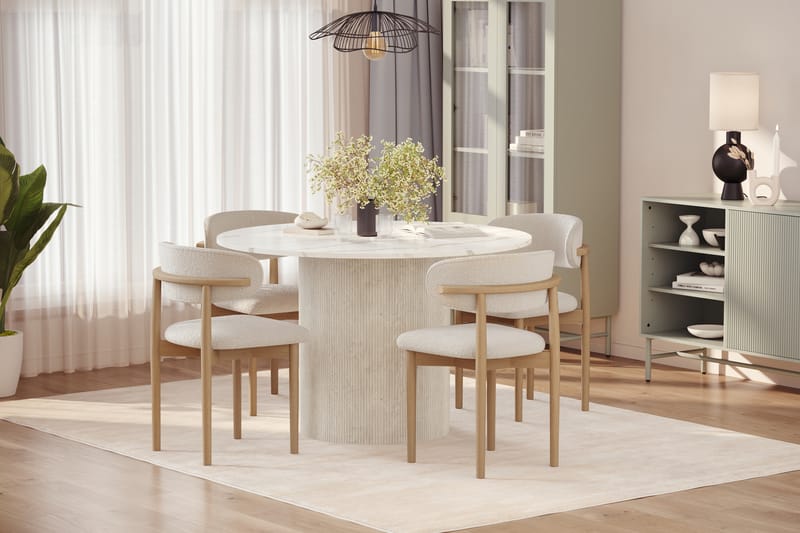 Uppveda Matbord 120 cm Rund med 4 st Jaiveer Matstolar - Vit - Möbler - Bord & matgrupper - Matgrupper