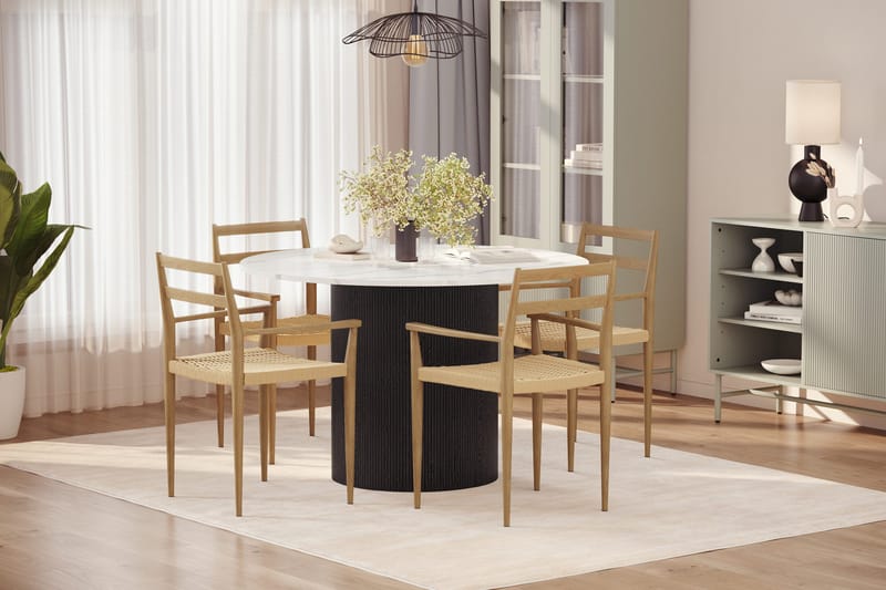 Uppveda Matbord 120 cm Rund med 4 st Jamna Karmstolar - Svart/Vit - Möbler - Bord & matgrupper - Matgrupper