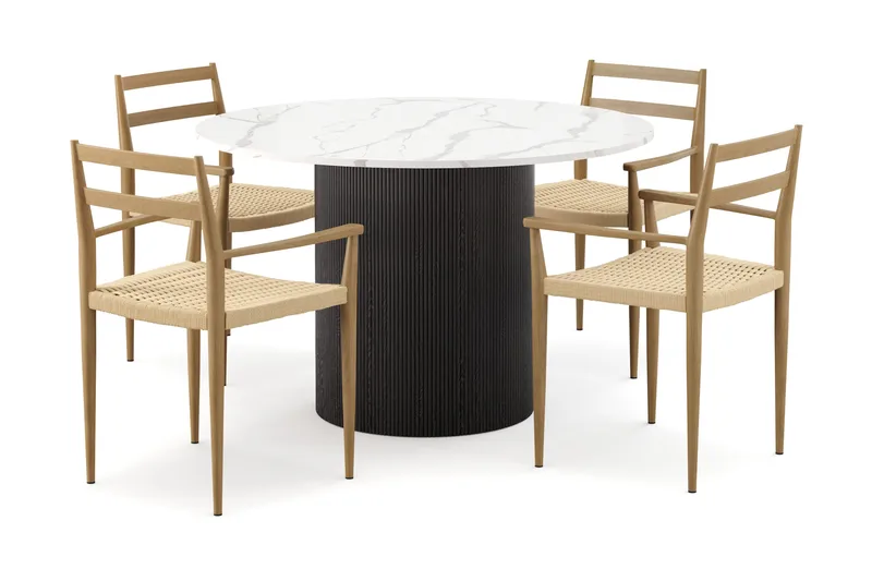 Uppveda Matbord 120 cm Rund med 4 st Jamna Karmstolar, Svart/Vit