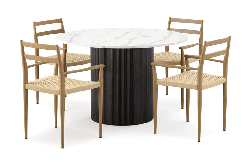 Uppveda Matbord 120 cm Rund med 4 st Jamna Karmstolar, Svart/Vit