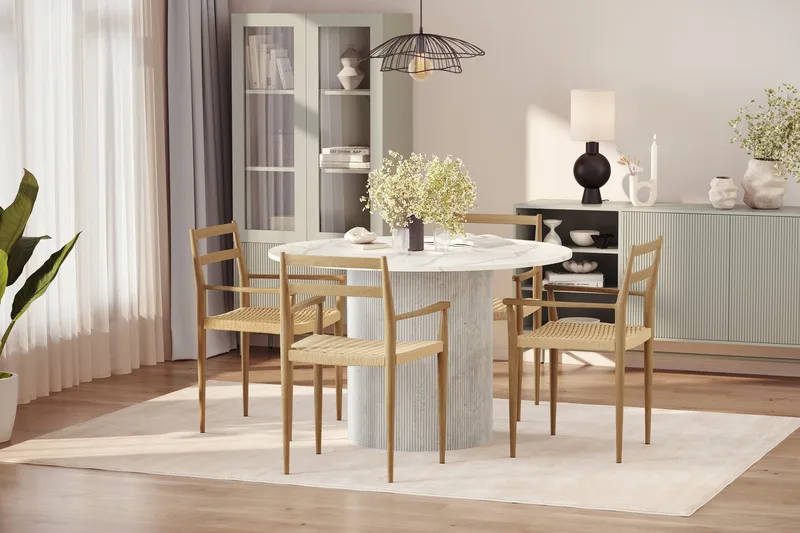 Uppveda Matbord 120 cm Rund med 4 st Jamna Karmstolar - Vit - Möbler - Bord & matgrupper - Matgrupper