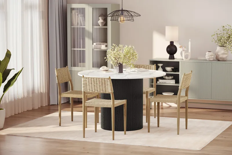 Uppveda Matbord 120 cm Rund med 4 st Jamna Matstolar - Svart/Vit - Möbler - Bord & matgrupper - Matgrupper