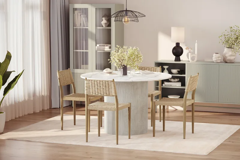 Uppveda Matbord 120 cm Rund med 4 st Jamna Matstolar - Vit - Möbler - Bord & matgrupper - Matgrupper