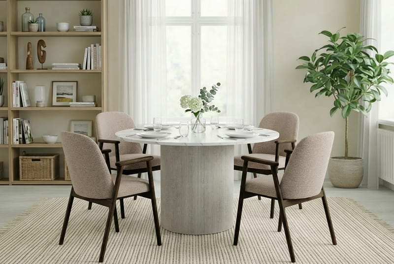 Uppveda Matbord 120 cm Rund Vitt med 4 Reciclar Matstolar - Vit/Greige - Möbler - Bord & matgrupper - Matgrupper