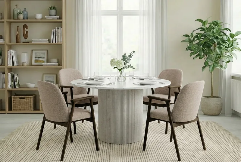 Uppveda Matbord 120 cm Rund Vitt med 4 Reciclar Matstolar - Vit/Greige - Möbler - Bord & matgrupper - Matgrupper