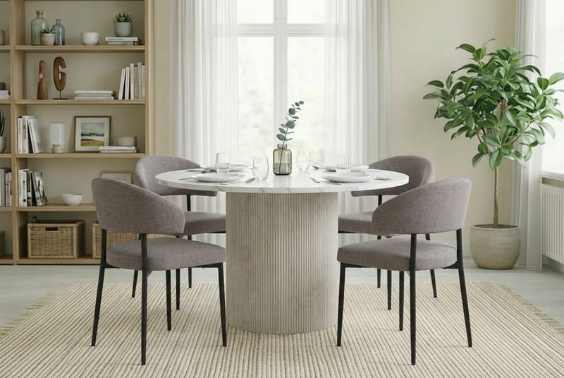 Uppveda Matbord 120 cm Runt Vitt med 4 Sawako Greige Stolar - Vit/Greige - Möbler - Bord & matgrupper - Matgrupper