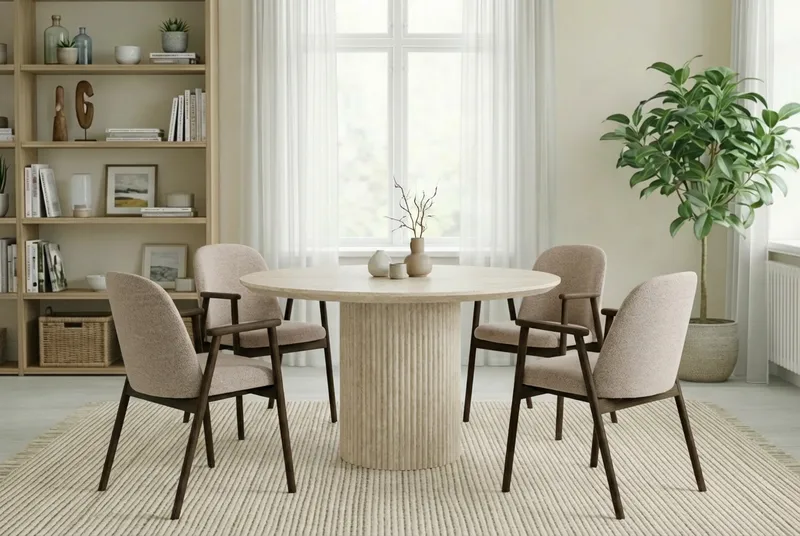 Uppveda Matbord Runt 120 cm Travertin med 4 Reciclar Matstolar - Travertin/Greige - Möbler - Bord & matgrupper - Matgrupper