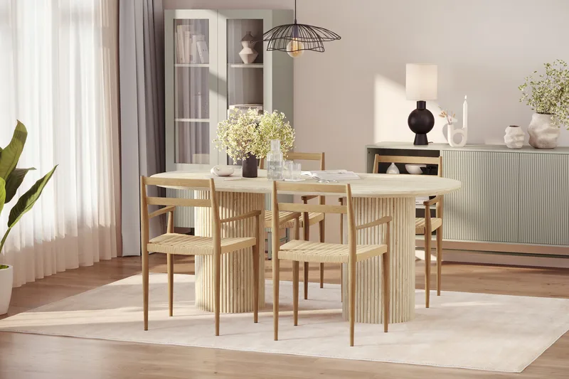 Uppveda Matbord Travetin utseende med 4 st Jamna Karmstolar - Beige - Möbler - Bord & matgrupper - Matgrupper