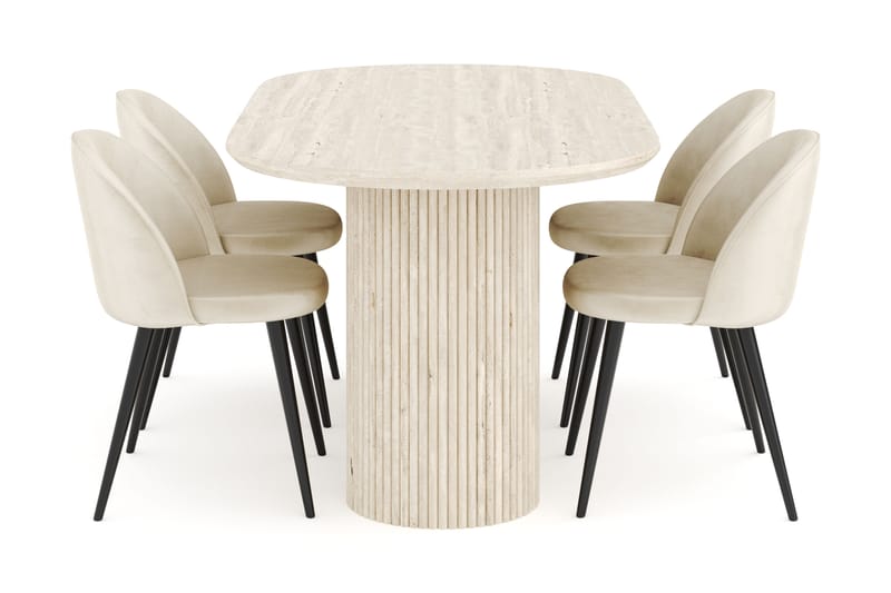 Uppveda Matgrupp 180 cm Oval med 4 Valeri Sammetsstolar - Travetin - Möbler - Bord & matgrupper - Matgrupper