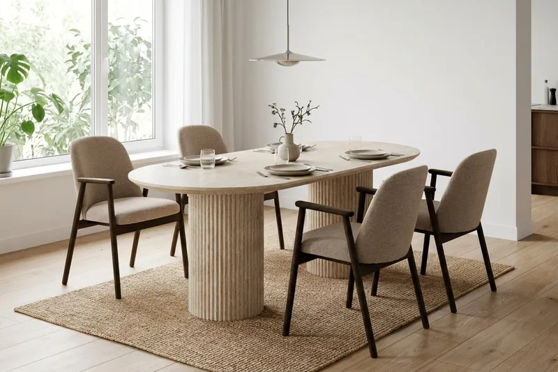 Uppveda Matgrupp 180 cm Oval Travertin med 4 Reciclar Matstolar - Travertin/Greige - Möbler - Bord & matgrupper - Matgrupper