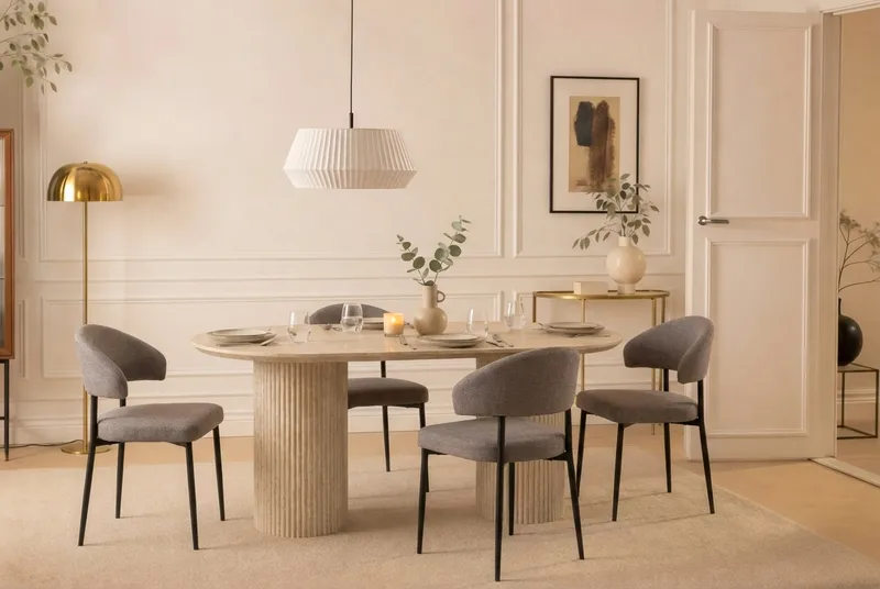 Uppveda Ovalt Matbord 180x90 cm med 4 Sawako Greige Stolar - Travertin/Greige - Möbler - Bord & matgrupper - Matgrupper