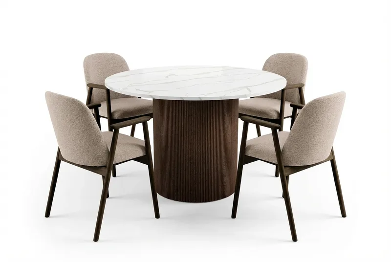 Uppveda Runt Matbord 120 cm med 4 Reciclar Matstolar - Vit/Brun/Greige - Möbler - Bord & matgrupper - Matgrupper