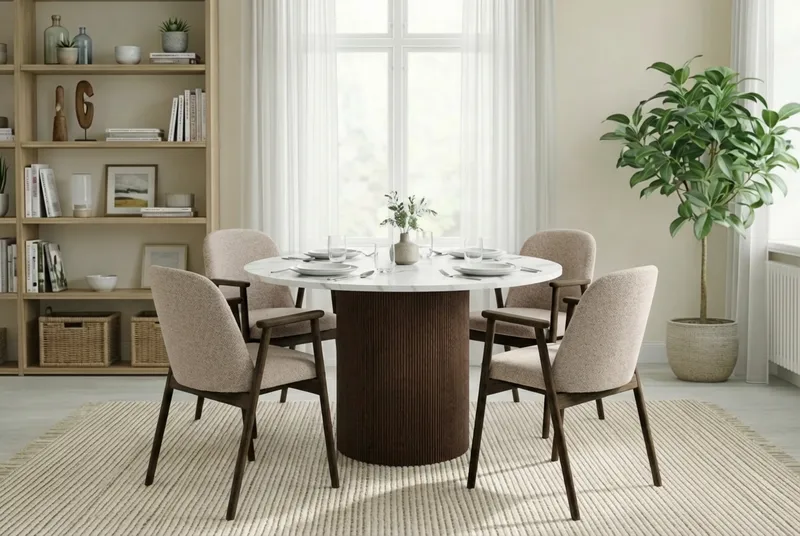Uppveda Runt Matbord 120 cm med 4 Reciclar Matstolar - Vit/Brun/Greige - Möbler - Bord & matgrupper - Matgrupper
