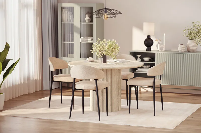 Uppveda Runt Matbord 120cm Travetin utseende med 4 st Jairam Matstolar - Beige - Möbler - Bord & matgrupper - Matgrupper
