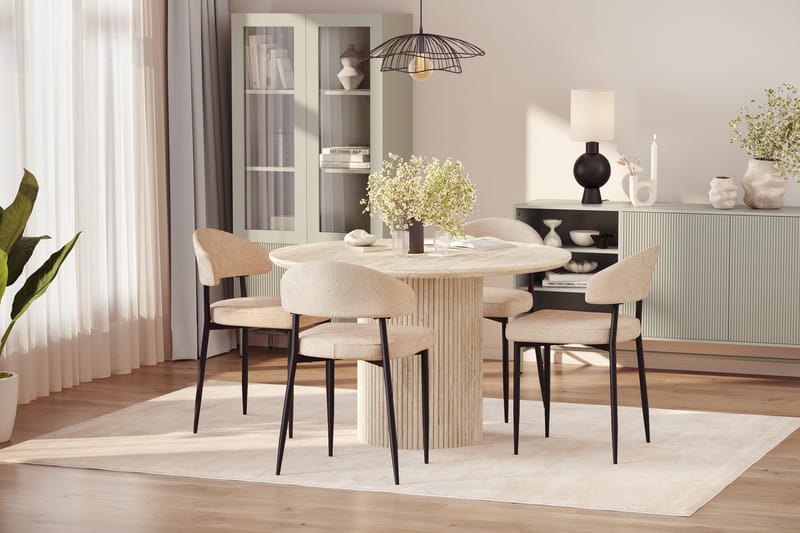 Uppveda Runt Matbord 120cm Travetin utseende med 4 st Jairam Matstolar - Beige - Möbler - Bord & matgrupper - Matgrupper