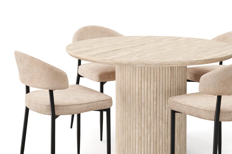 Uppveda Runt Matbord 120cm Travetin utseende med 4 st Jairam Matstolar - Beige - Möbler - Bord & matgrupper - Matgrupper