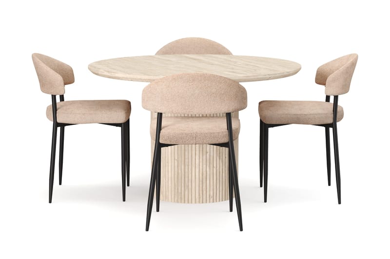 Uppveda Runt Matbord 120cm Travetin utseende med 4 st Jairam Matstolar - Beige - Möbler - Bord & matgrupper - Matgrupper