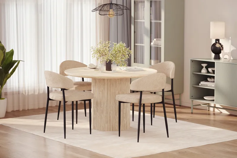 Uppveda Runt Matbord 120cm Travetin utseende med 4 st Jairam Matstolar - Beige - Möbler - Bord & matgrupper - Matgrupper