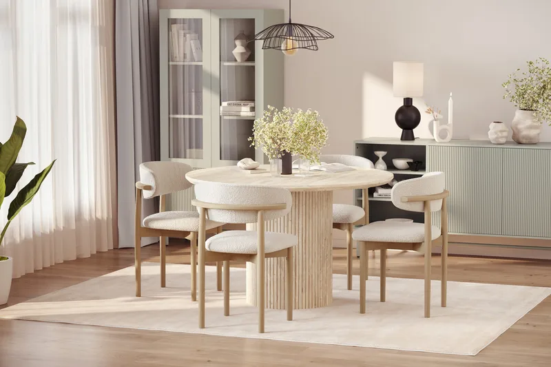 Uppveda Runt Matbord 120cm Travetin utseende med 4 st Jaiveer Matstolar - Beige - Möbler - Bord & matgrupper - Matgrupper