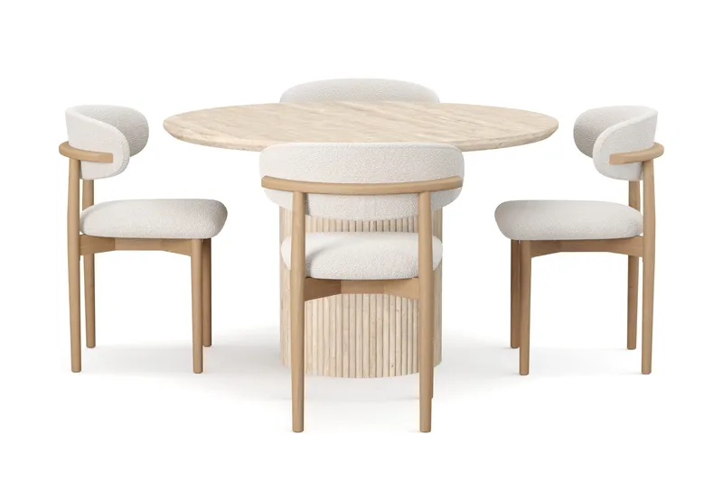 Uppveda Runt Matbord 120cm Travetin utseende med 4 st Jaiveer Matstolar - Beige - Möbler - Bord & matgrupper - Matgrupper