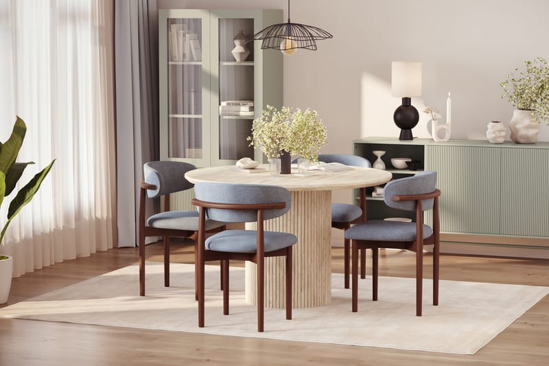 Uppveda Runt Matbord 120cm Travetin utseende med 4 st Jaiveer Matstolar - Beige - Möbler - Bord & matgrupper - Matgrupper