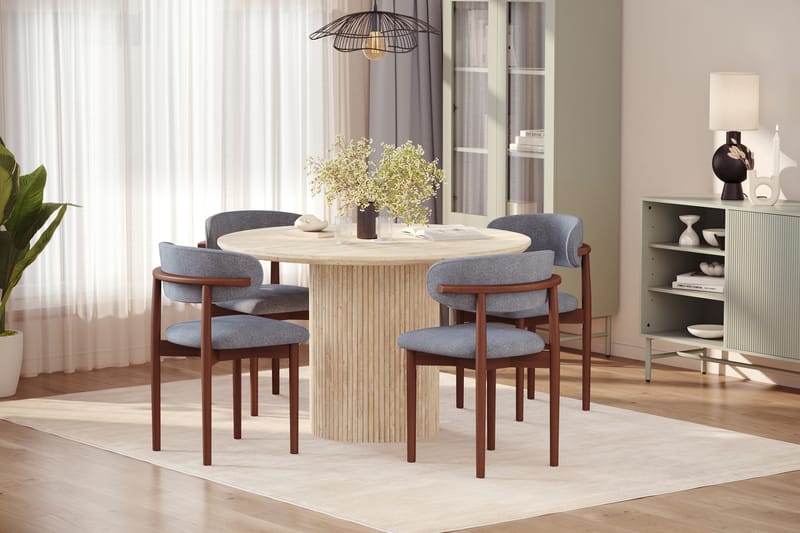 Uppveda Runt Matbord 120cm Travetin utseende med 4 st Jaiveer Matstolar - Beige - Möbler - Bord & matgrupper - Matgrupper