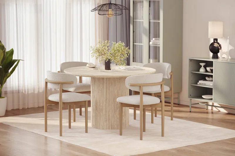 Uppveda Runt Matbord 120cm Travetin utseende med 4 st Jaiveer Matstolar - Beige - Möbler - Bord & matgrupper - Matgrupper