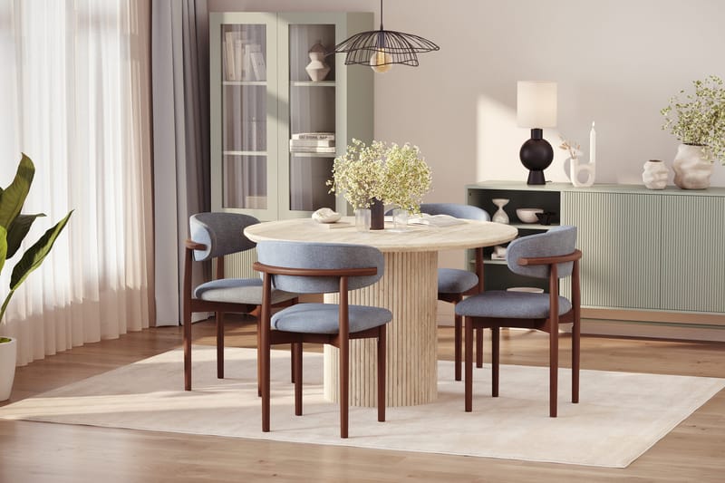 Uppveda Runt Matbord 120cm Travetin utseende med 4 st Jaiveer Matstolar - Beige - Möbler - Bord & matgrupper - Matgrupper