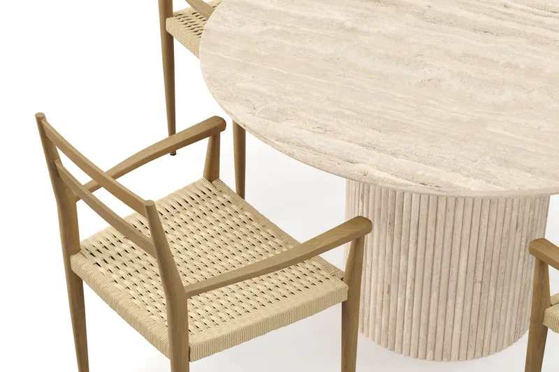 Uppveda Runt Matbord 120cm Travetin utseende med 4 st Jamna Karmstolar - Beige - Möbler - Bord & matgrupper - Matgrupper